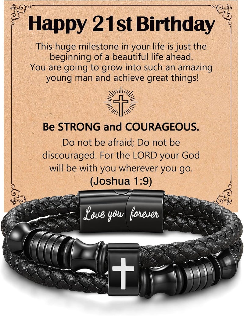 UNGENT THEM Joshua 1:9 Encouraging Christian Birthday Gifts for Boys Teens Men, Bible Verse Leather Cross Bracelet - Image 1